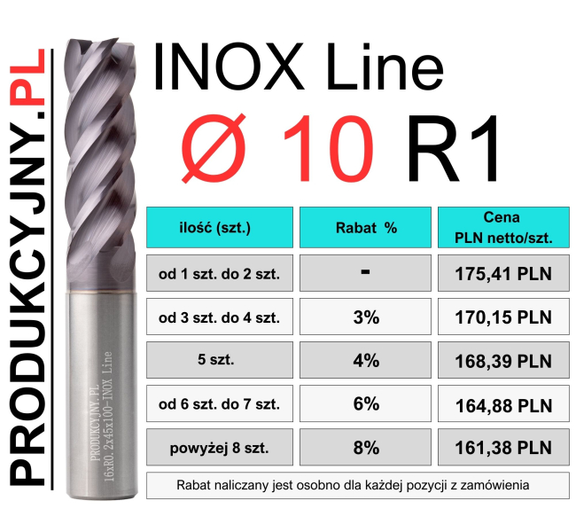 Frez z promieniem naroża fi 10 R1 INOX LINE